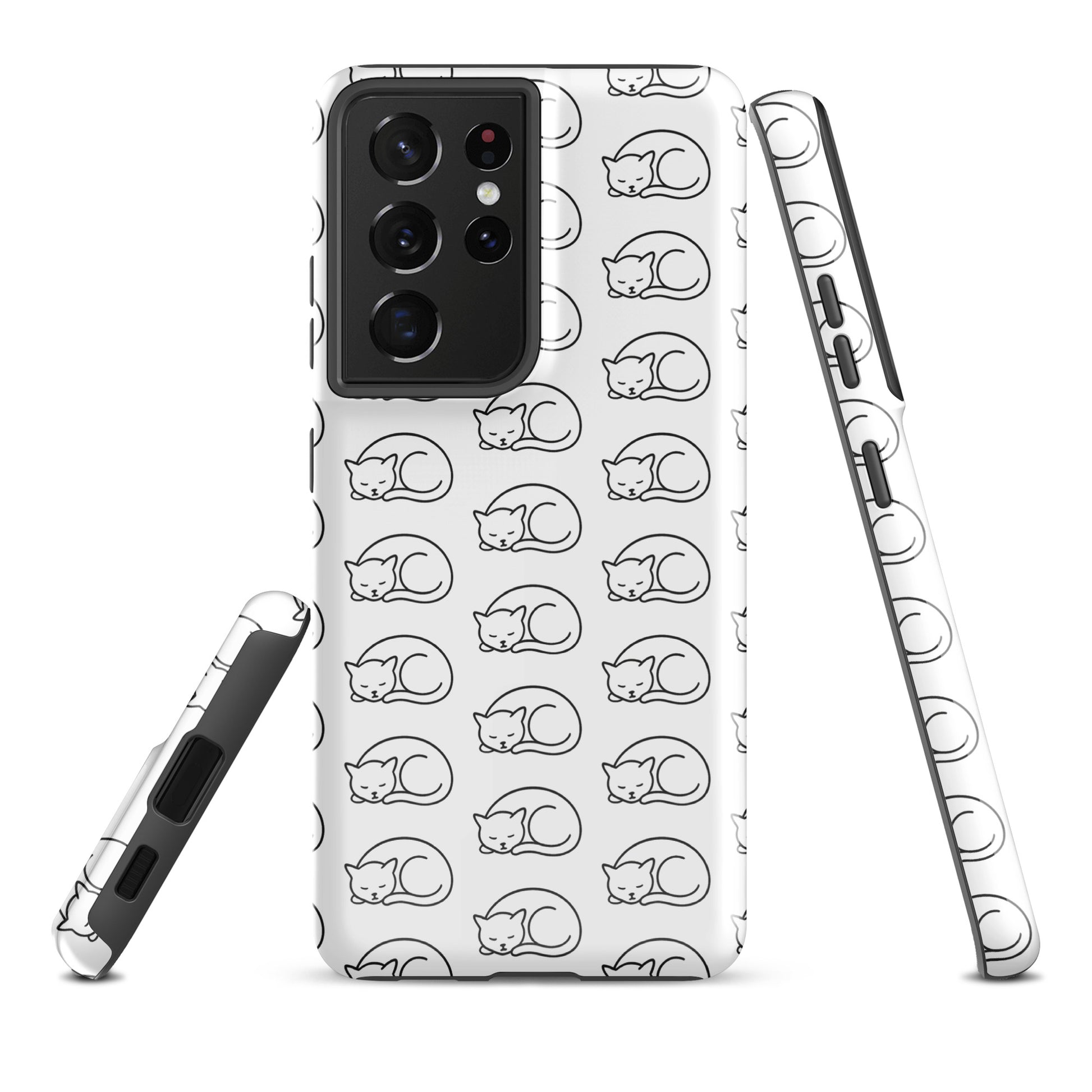 Phone Case for Samsung Galaxy with curled-up cat pattern, perfect for cat lovers, in white and black design, offering stylish protection.