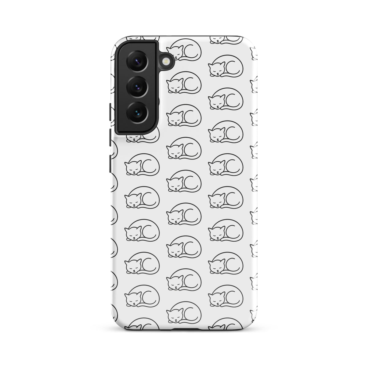 Phone Case for Samsung Galaxy with curled-up cat pattern, perfect for feline fans. White and black design for stylish phone protection.