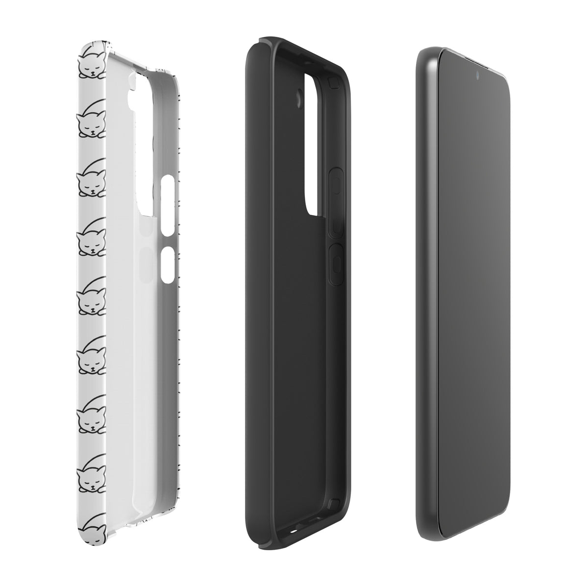 Phone Case with curled-up cat pattern for Samsung Galaxy, featuring black and white design, perfect for feline fans.