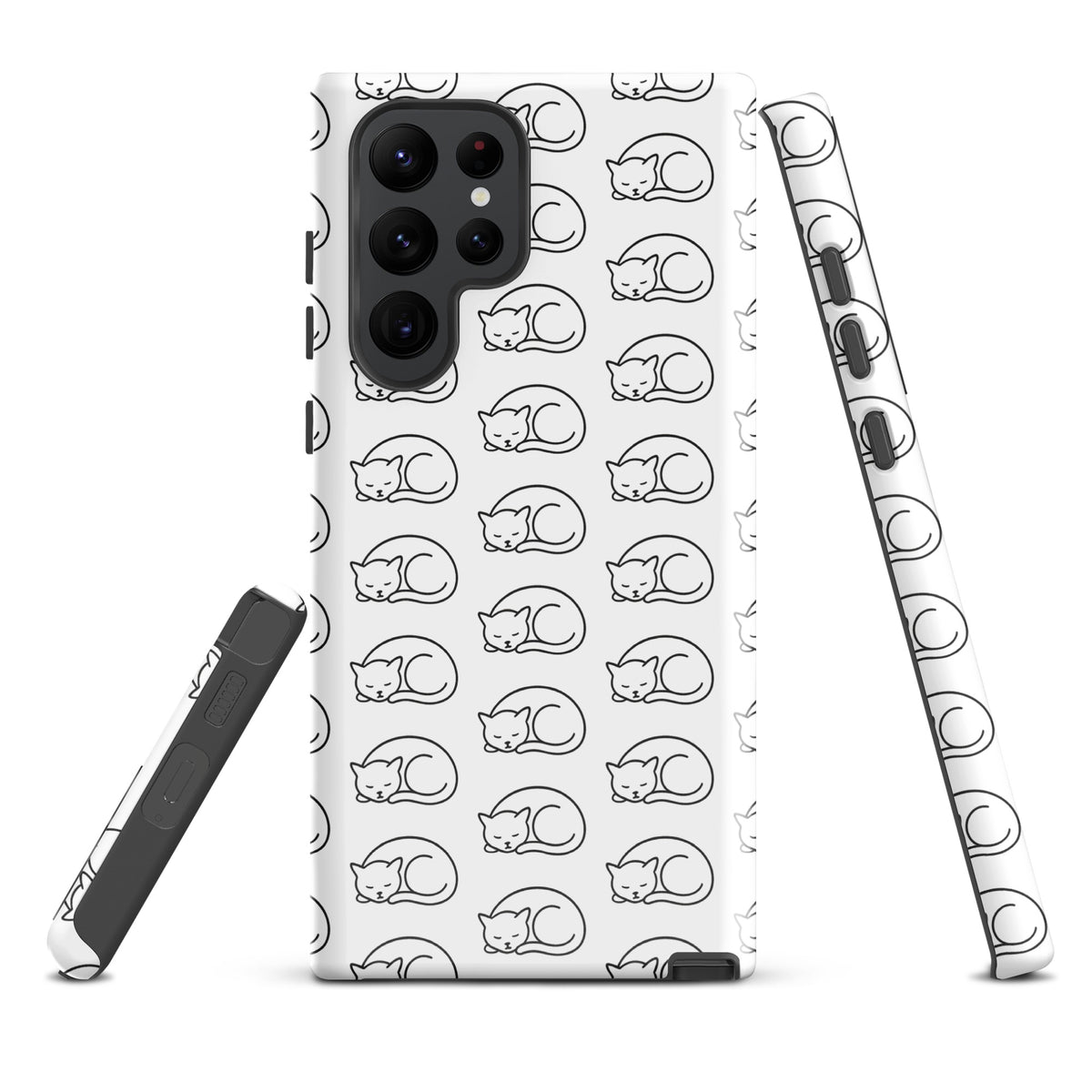 Phone Case for Samsung Galaxy with curled-up cat pattern in white/black, perfect for feline fans seeking stylish phone protection.