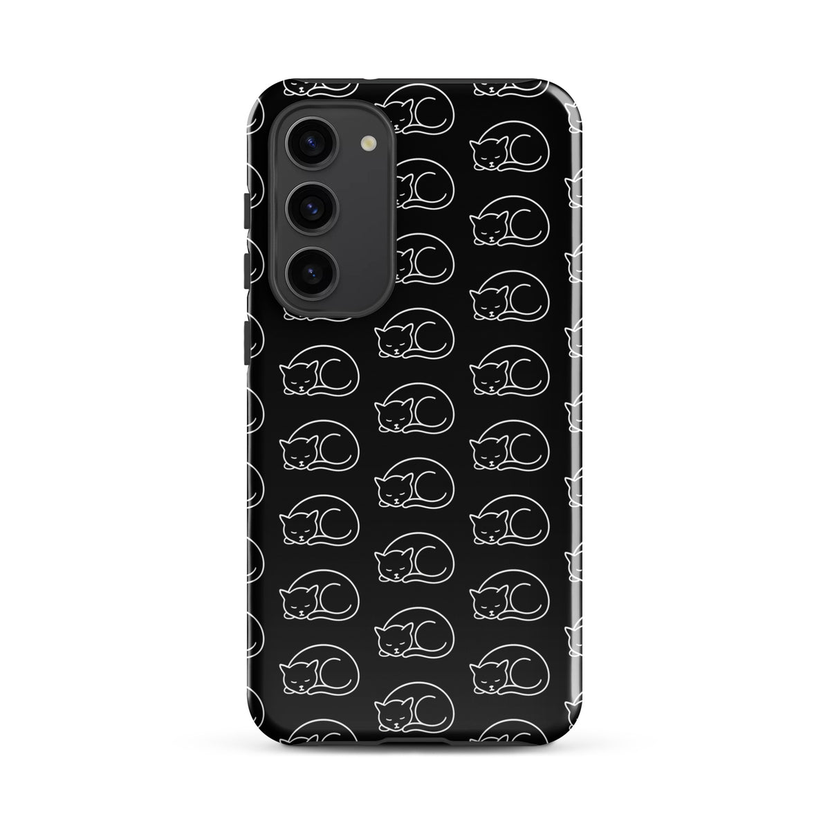 Phone Case with curled-up cat pattern for Samsung Galaxy, black and white design for cat lovers.