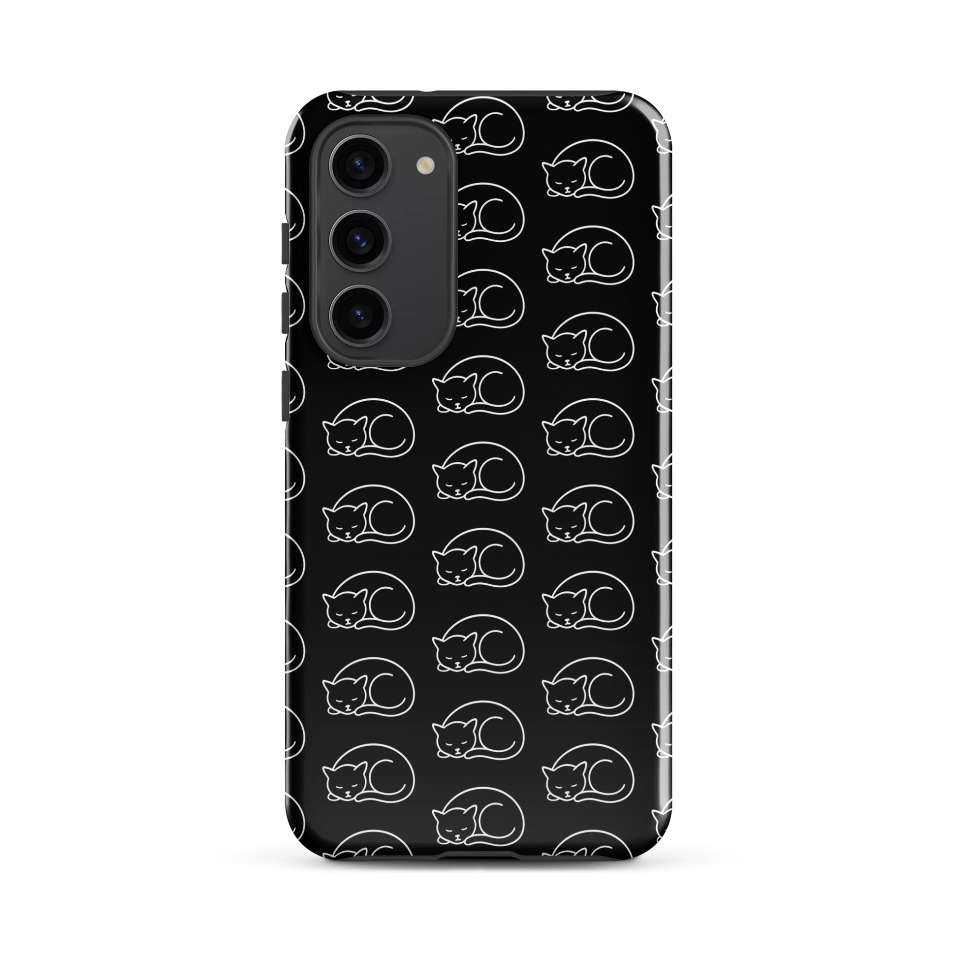 Phone Case with curled-up cat pattern for Samsung Galaxy, black and white design for cat lovers.