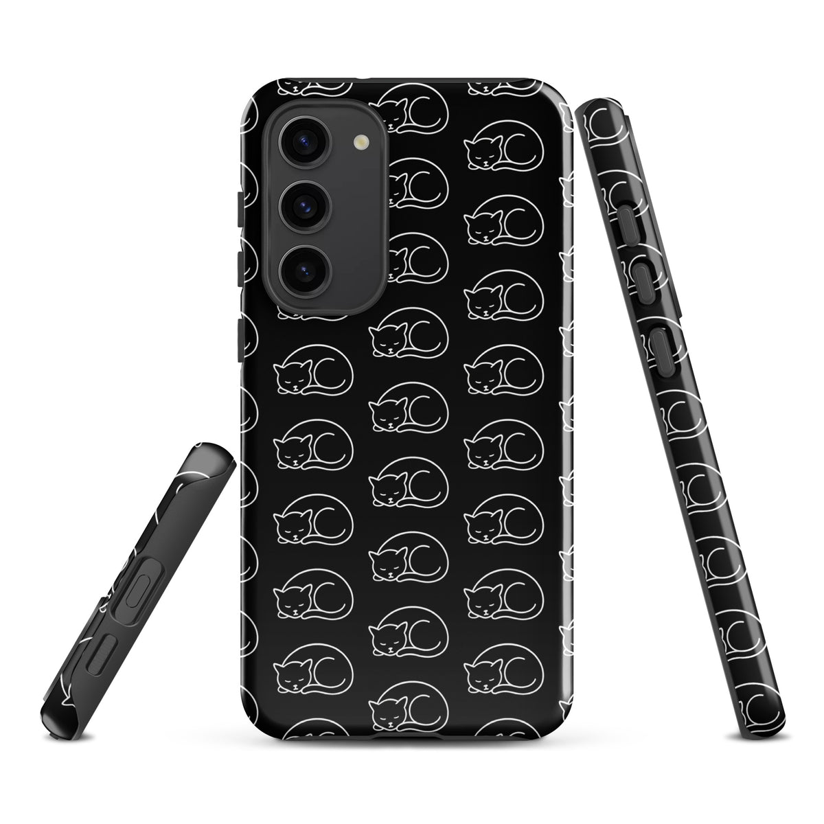 Phone Case for Samsung Galaxy with curled-up cat pattern in black and white, designed for cat lovers.