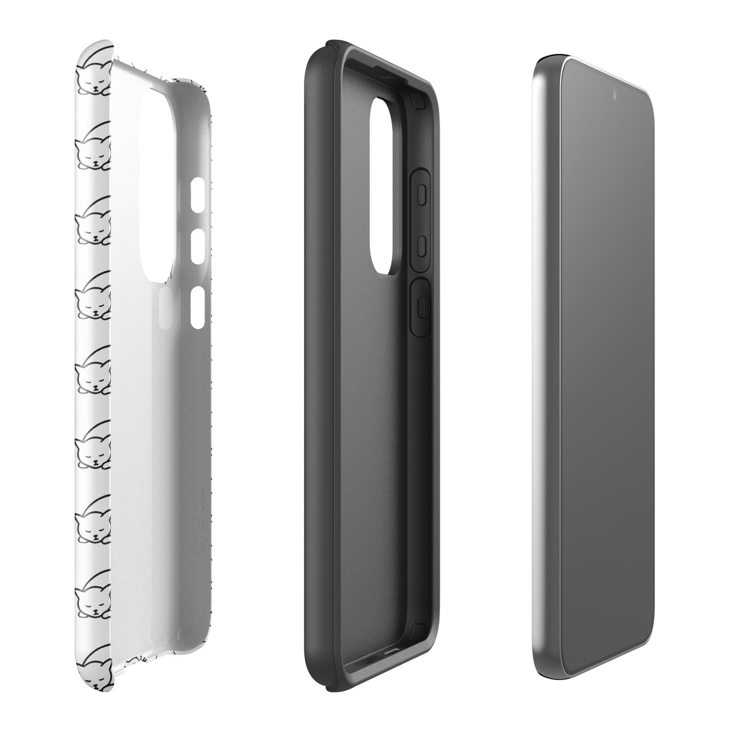 Phone Case for Samsung Galaxy with curled-up cat pattern in white and black, perfect protection for feline fans.