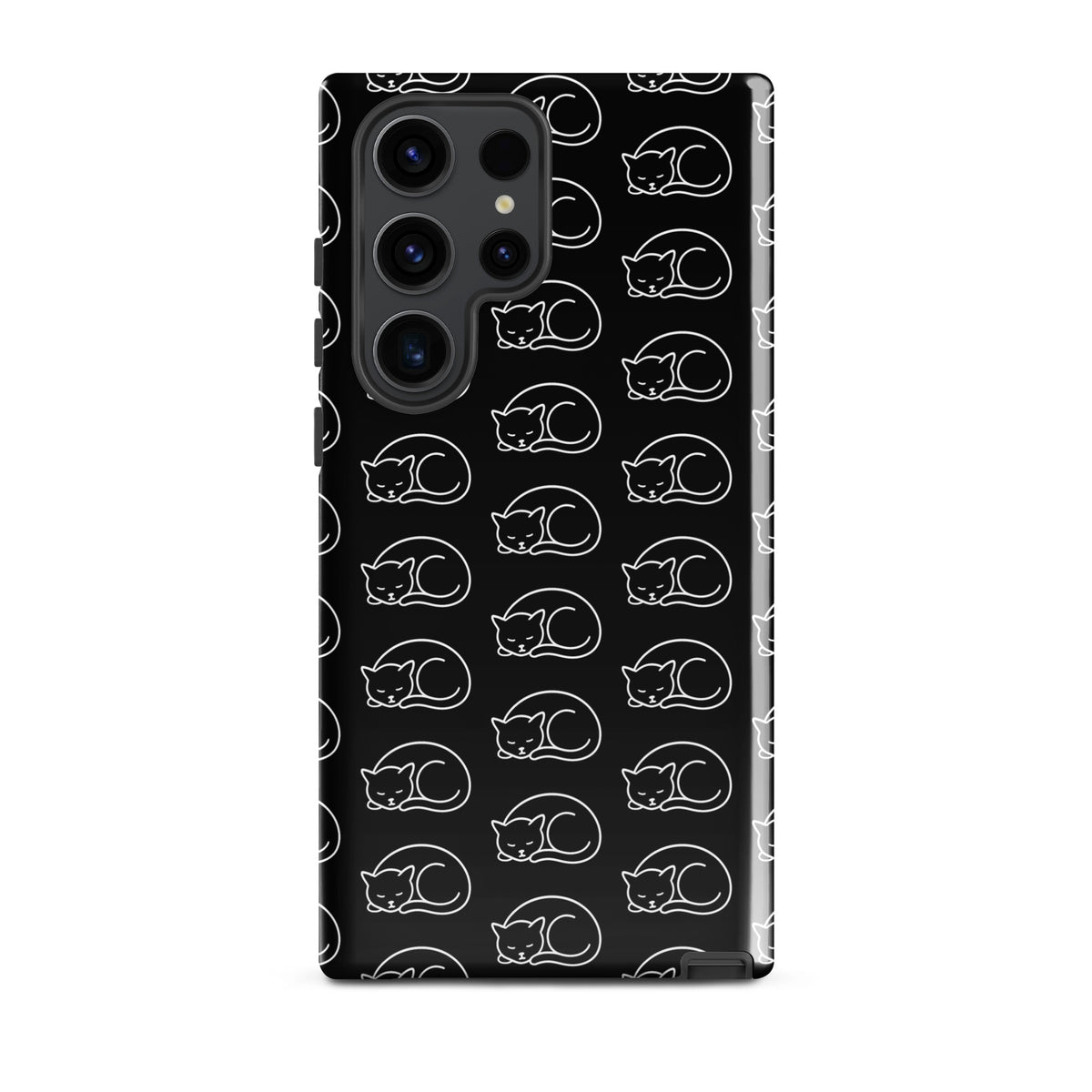 Phone Case for Samsung Galaxy with curled-up cat pattern in black and white, perfect for feline fans seeking stylish protection.