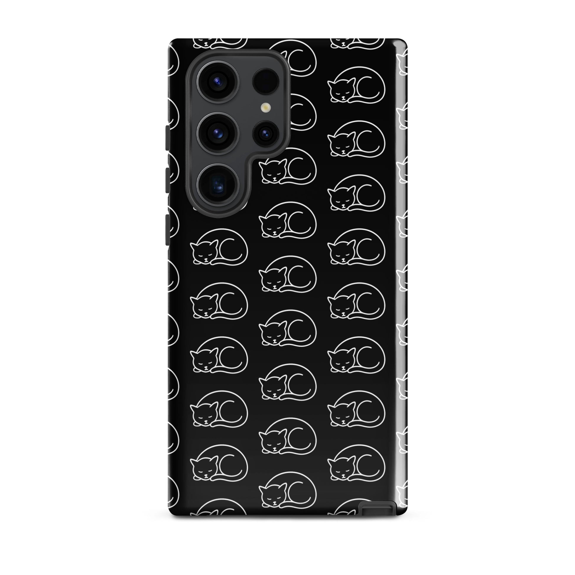 Phone Case for Samsung Galaxy with curled-up cat pattern in black and white, perfect for feline fans seeking stylish protection.