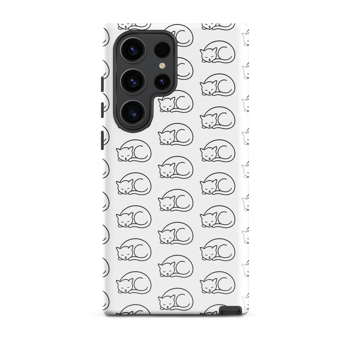 Phone Case for Samsung Galaxy with curled-up cat pattern in white and black for feline fans.