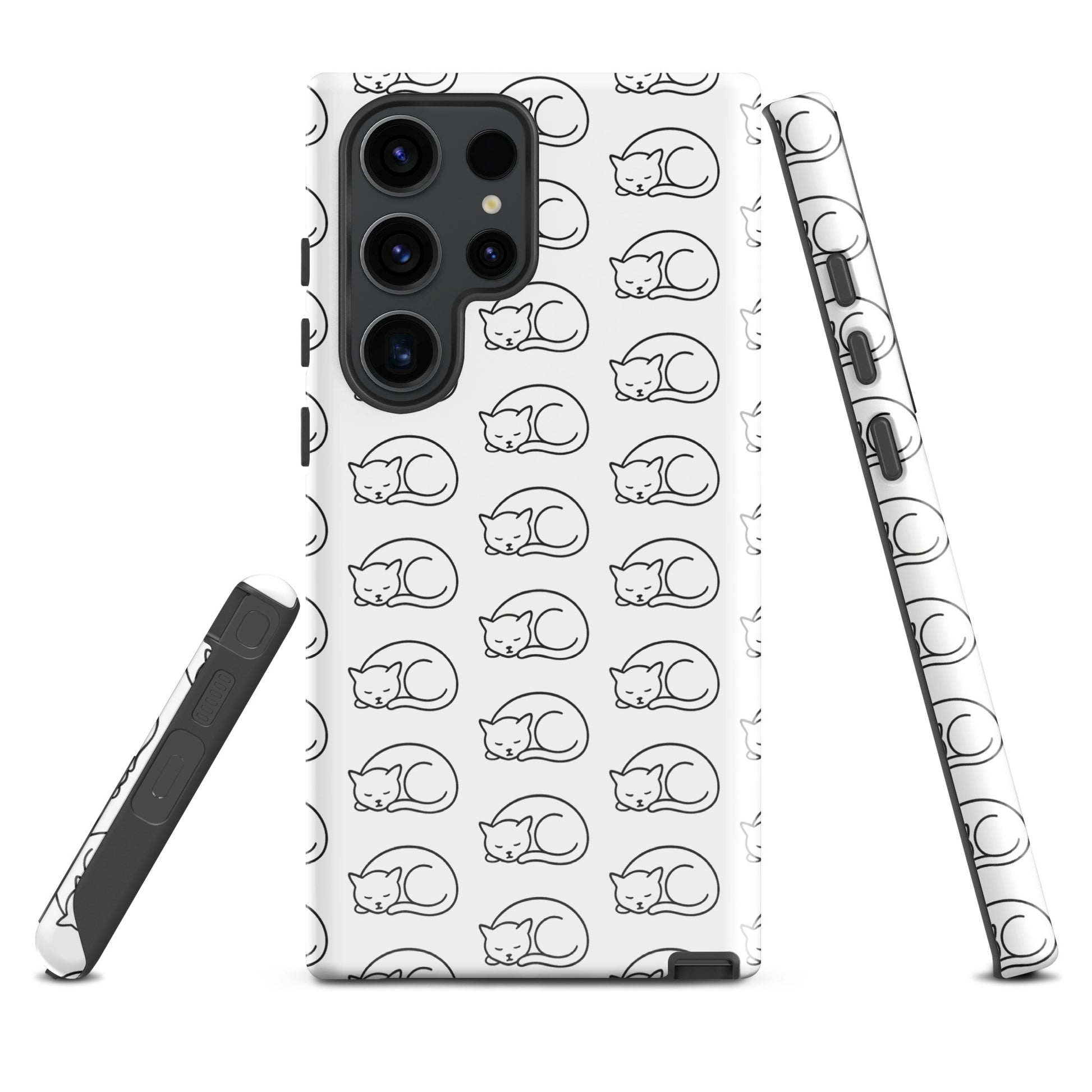Phone Case for Samsung Galaxy with curled-up cat pattern in white/black, ideal for feline fans seeking stylish phone protection.