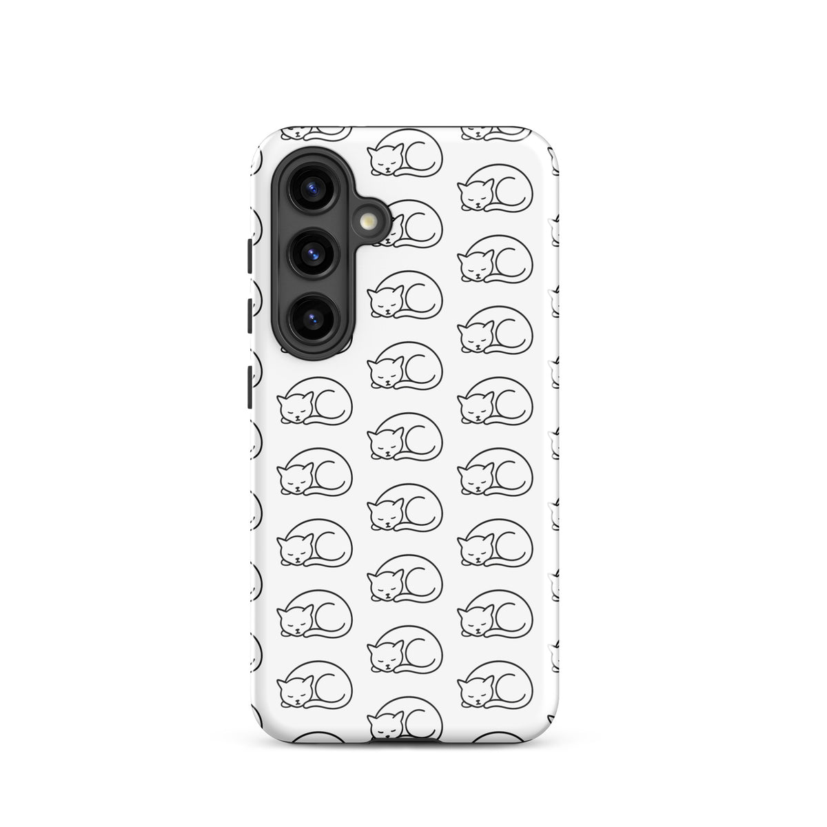 Phone Case for Samsung Galaxy with curled-up cat pattern in black and white, perfect for cat lovers seeking stylish phone protection.
