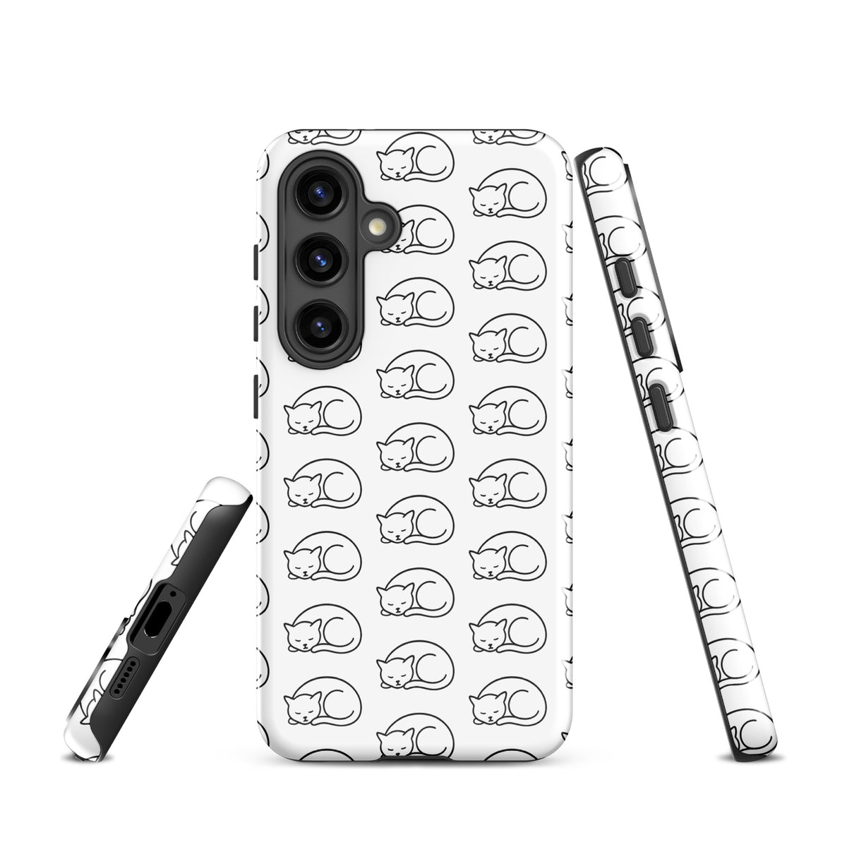 Phone Case for Samsung Galaxy with curled-up cat pattern, ideal for feline fans. White and black design adds style to device.