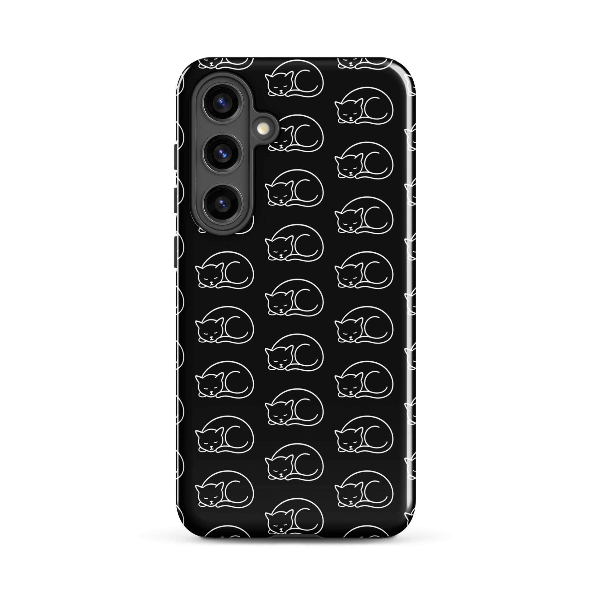 Phone Case for Samsung Galaxy with black and white curled-up cat pattern for feline fans.
