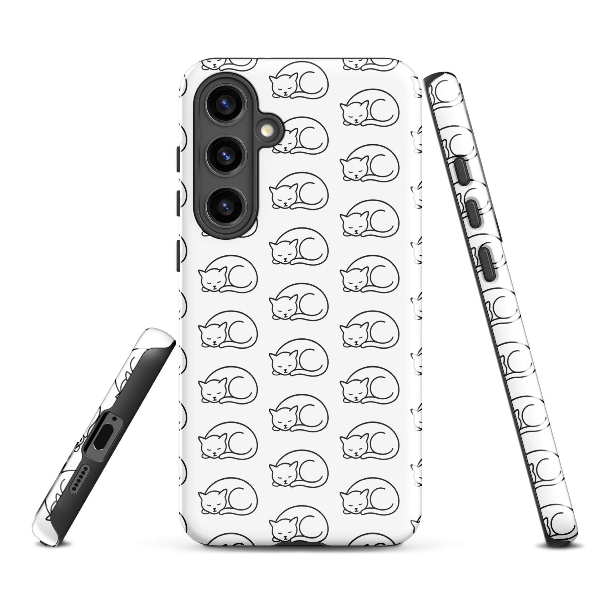 Phone Case for Samsung Galaxy with curled-up cat pattern in white and black, perfect for feline fans.
