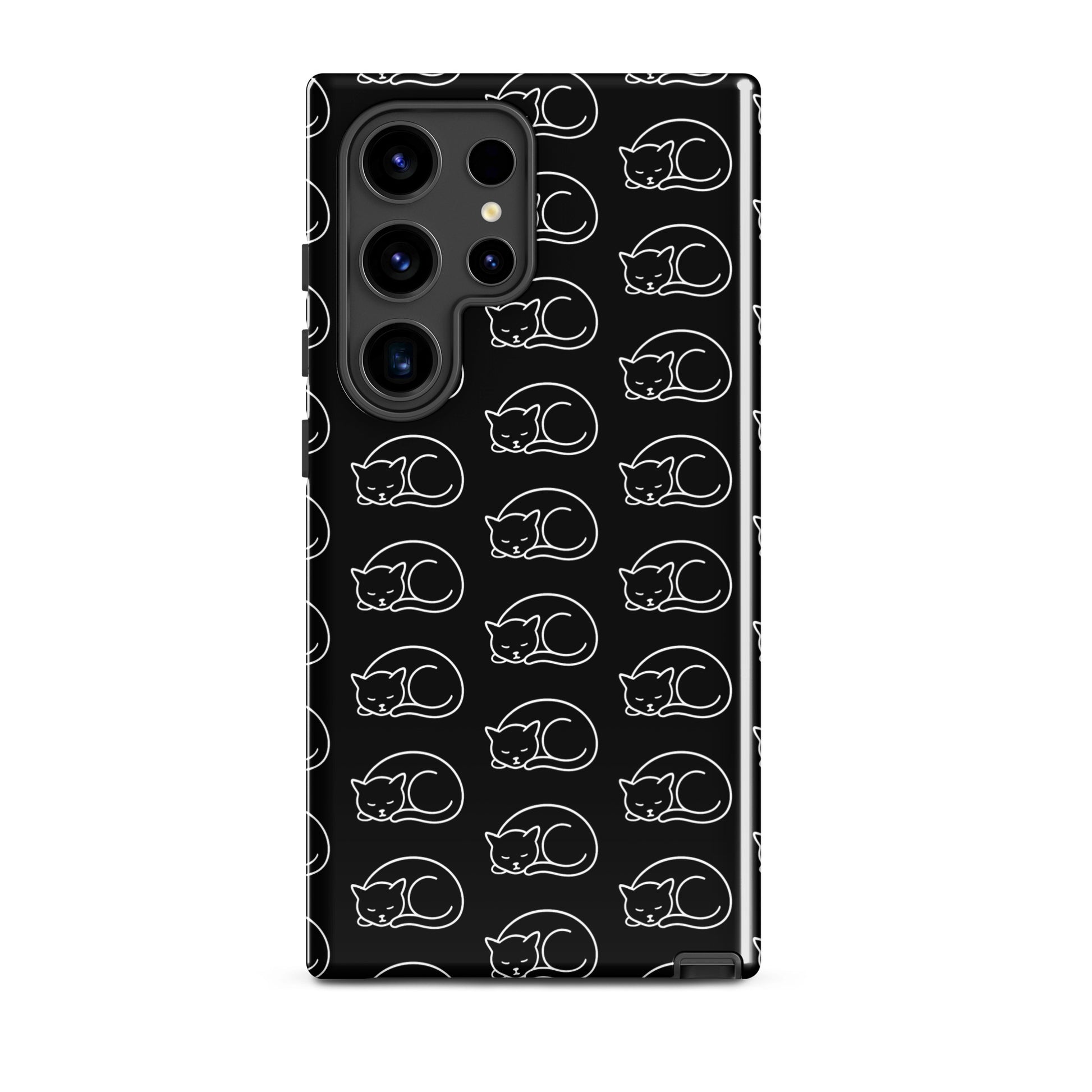Phone Case for Samsung Galaxy with curled-up cat pattern in black and white, ideal for feline fans seeking stylish protection.
