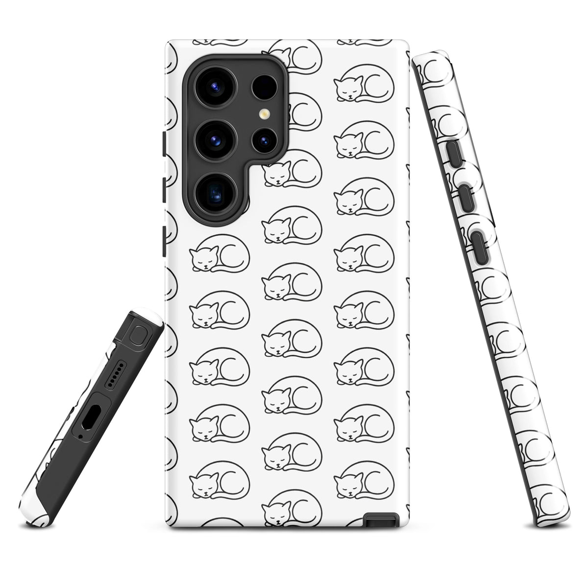 Phone Case for Samsung Galaxy with curled-up cat pattern in white and black, perfect for feline fans seeking stylish protection.
