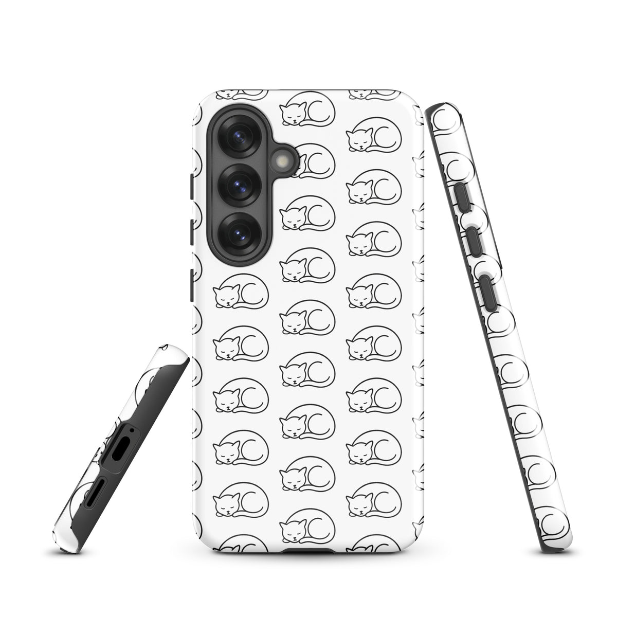 Phone Case for Samsung Galaxy with curled-up cat pattern, white and black design for feline fans, protective cover.