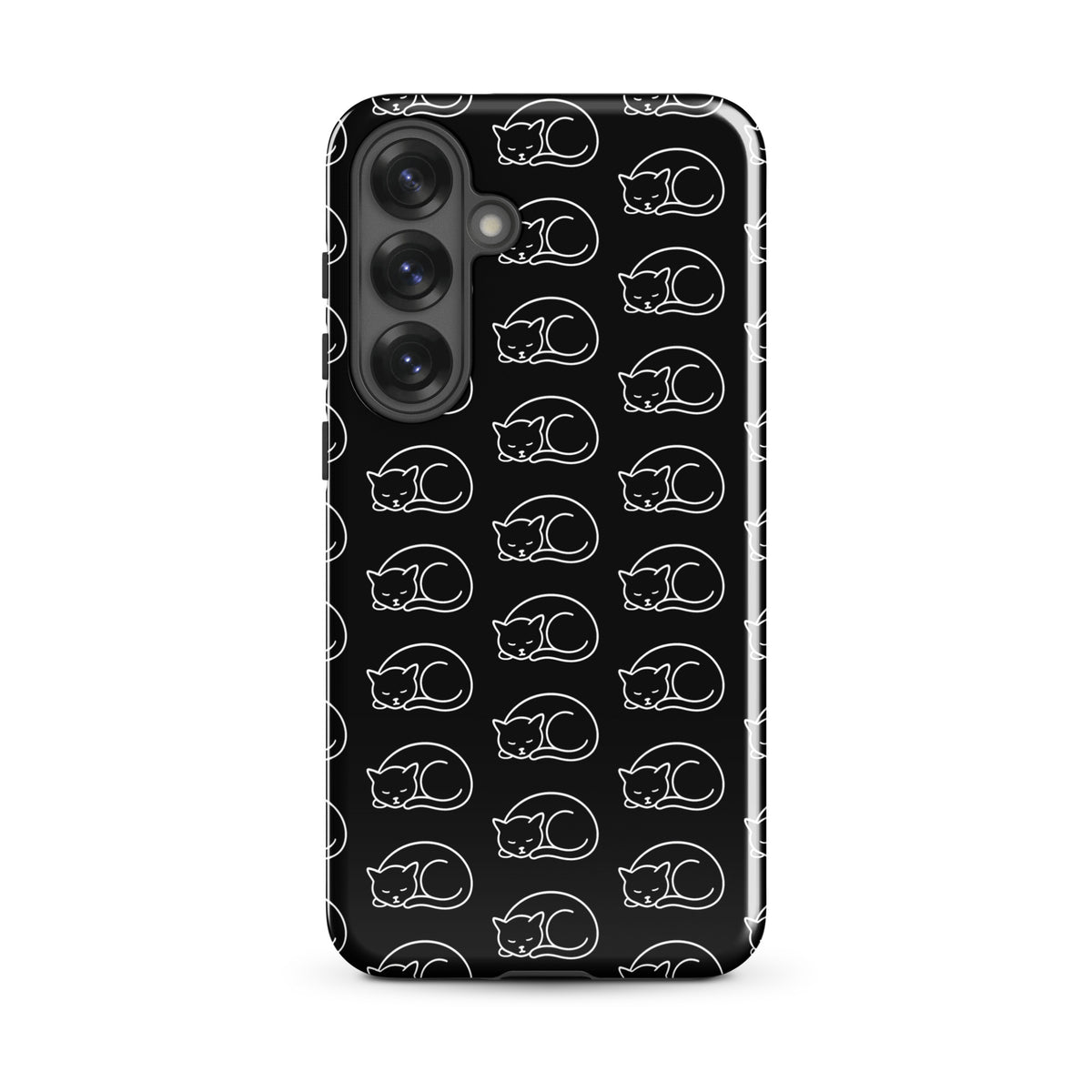Phone Case for Samsung Galaxy with curled-up cat pattern in black and white, perfect for feline fans.