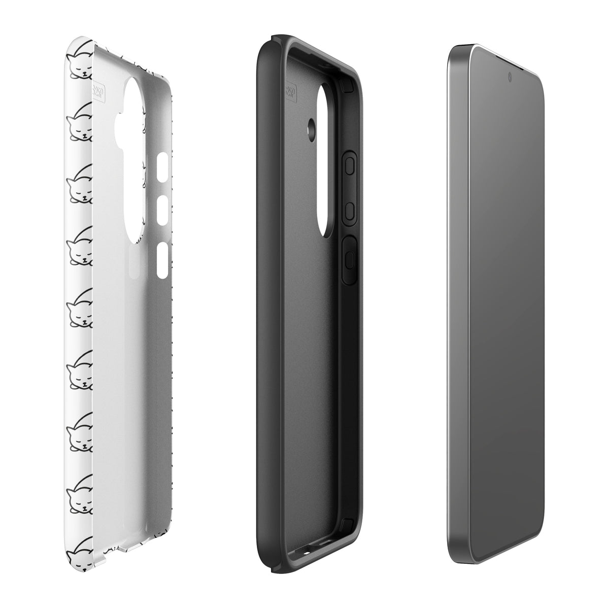 Phone Case for Samsung Galaxy with curled-up cat pattern in white and black, showcasing side and back views, perfect for feline fans.