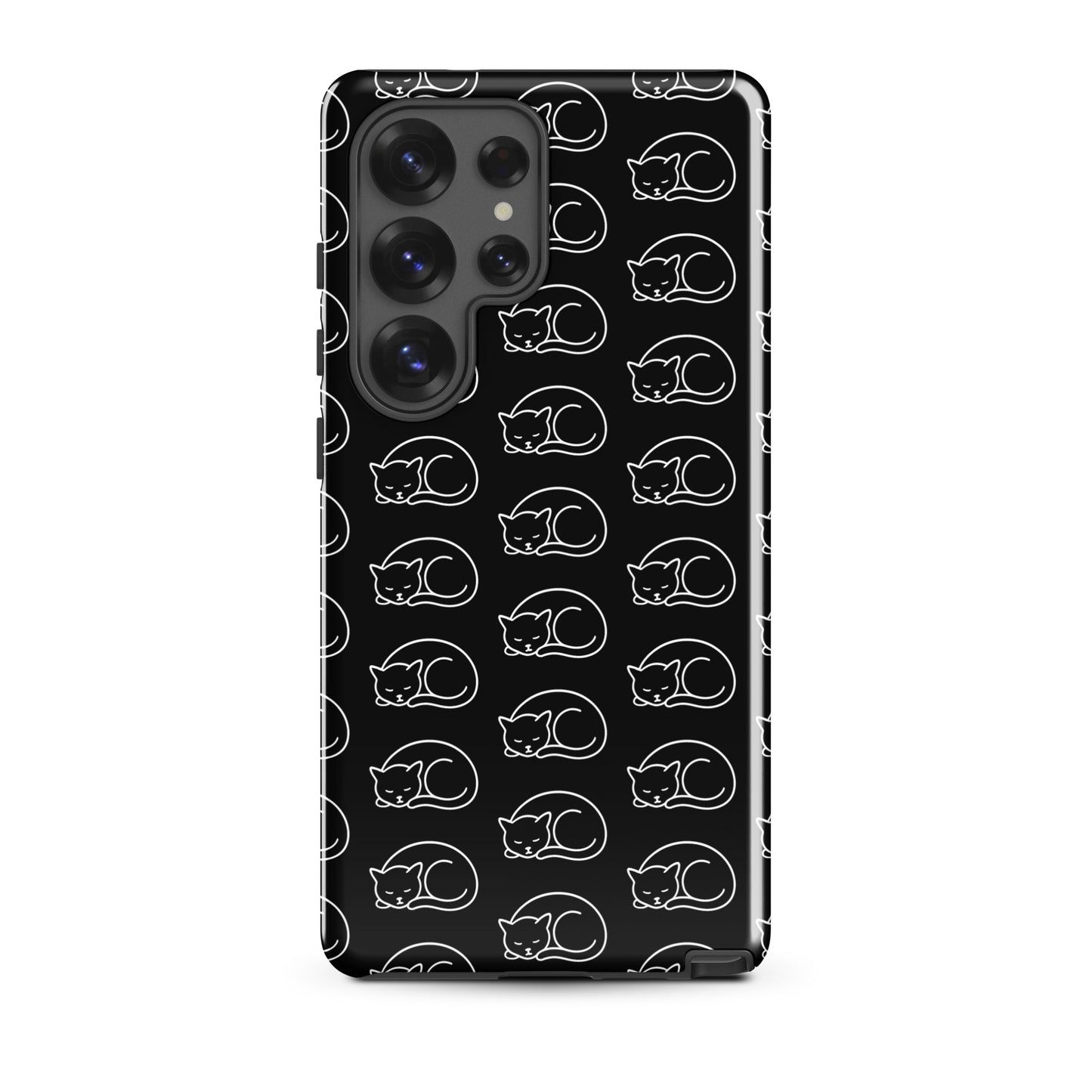 Phone Case for Samsung Galaxy with curled-up cat pattern in black and white, perfect for cat lovers.