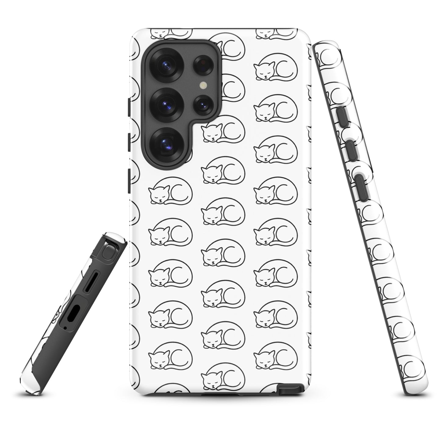 Phone Case for Samsung Galaxy with curled-up cat pattern in black and white design for feline fans, provides protection against drops.