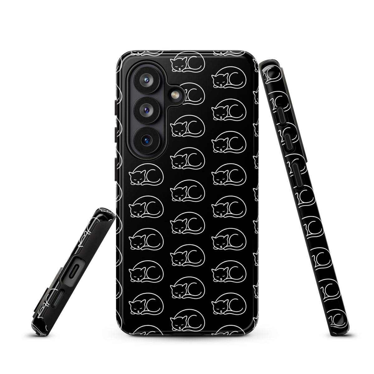 Phone Case for Samsung Galaxy with curled-up cat pattern in black and white, perfect for cat enthusiasts seeking stylish protection.