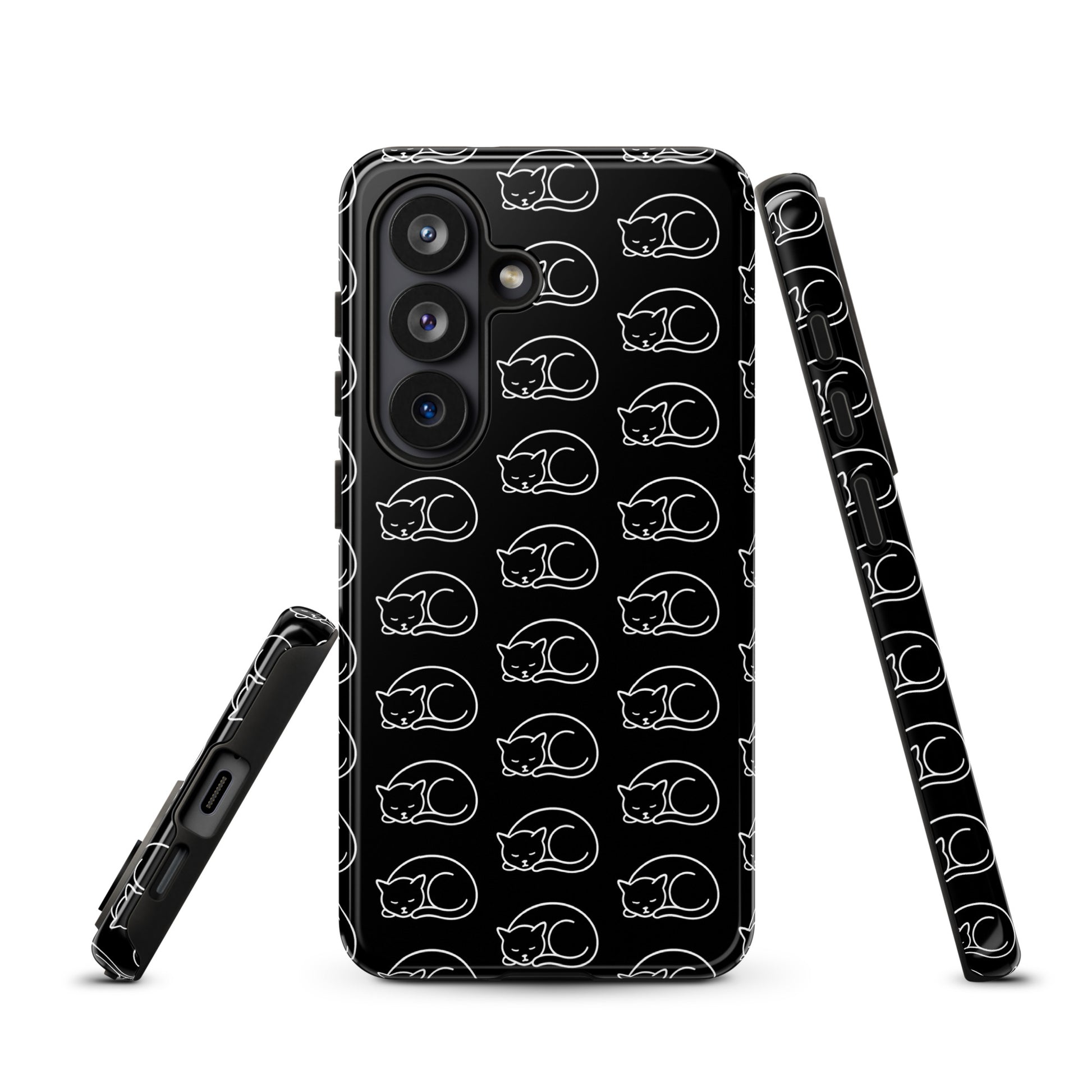 Phone Case for Samsung Galaxy with curled-up cat pattern in black and white, perfect for cat enthusiasts seeking stylish protection.
