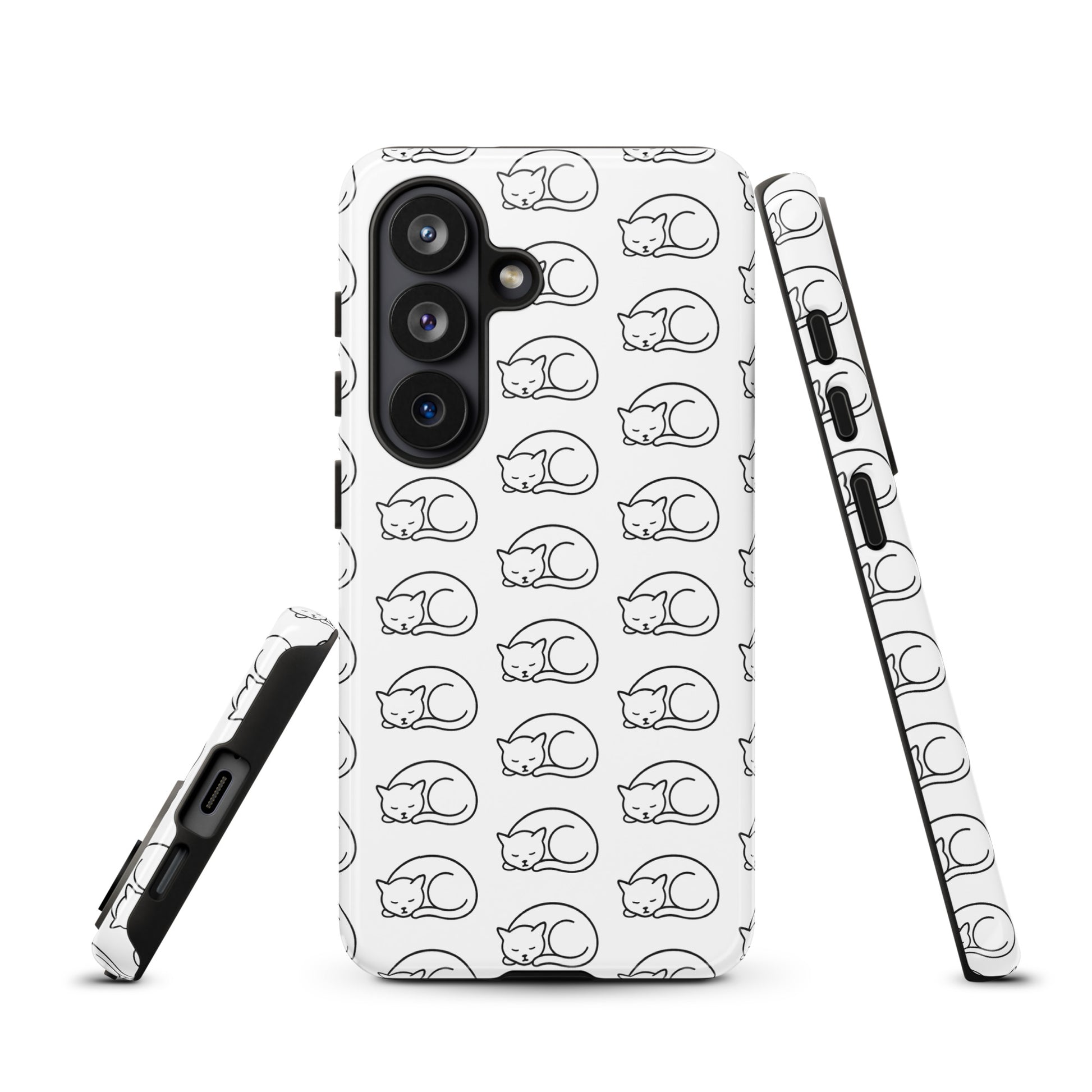 Phone Case for Samsung Galaxy with curled-up cat pattern, white and black design for cat enthusiasts, offers stylish protection.