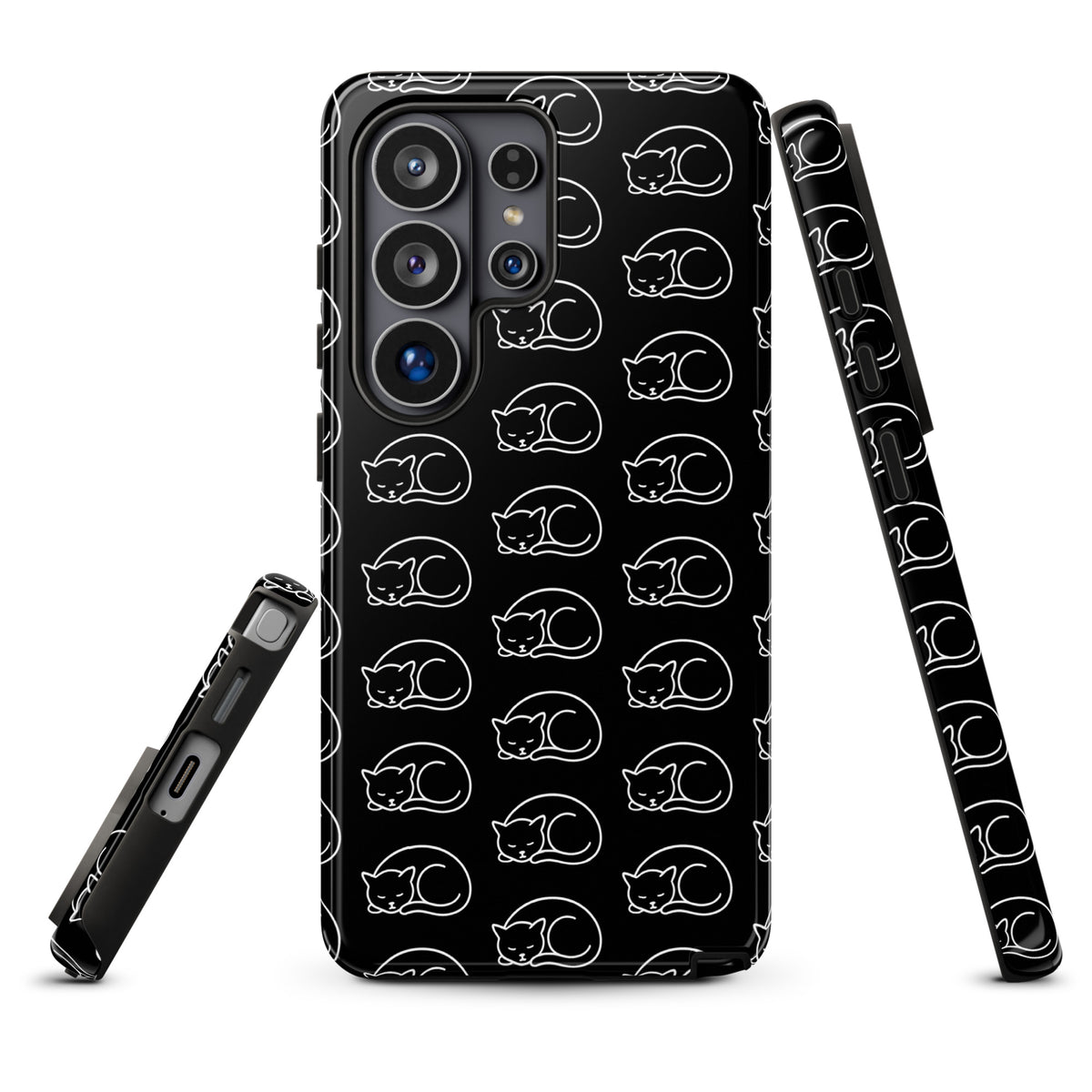 Phone Case for Samsung Galaxy with curled-up cat pattern in black and white for feline fans, offering stylish protection.