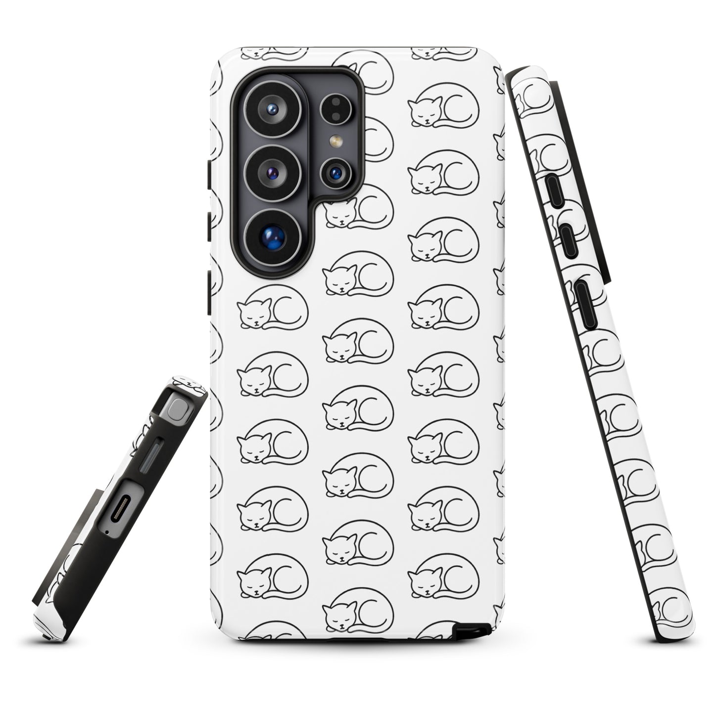 Phone Case for Samsung Galaxy with curled-up cat pattern in white and black, perfect for feline fans seeking stylish protection.