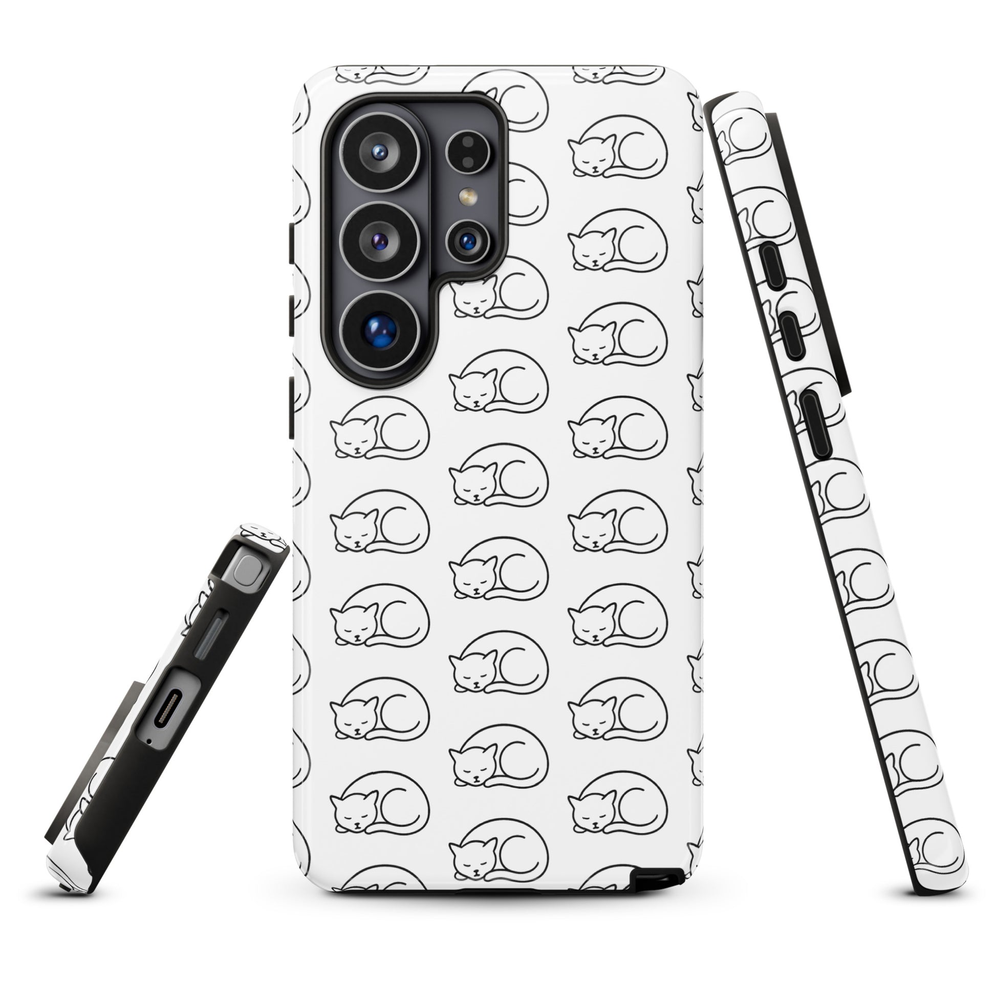 Phone Case for Samsung Galaxy with curled-up cat pattern in white and black, perfect for feline fans seeking stylish protection.