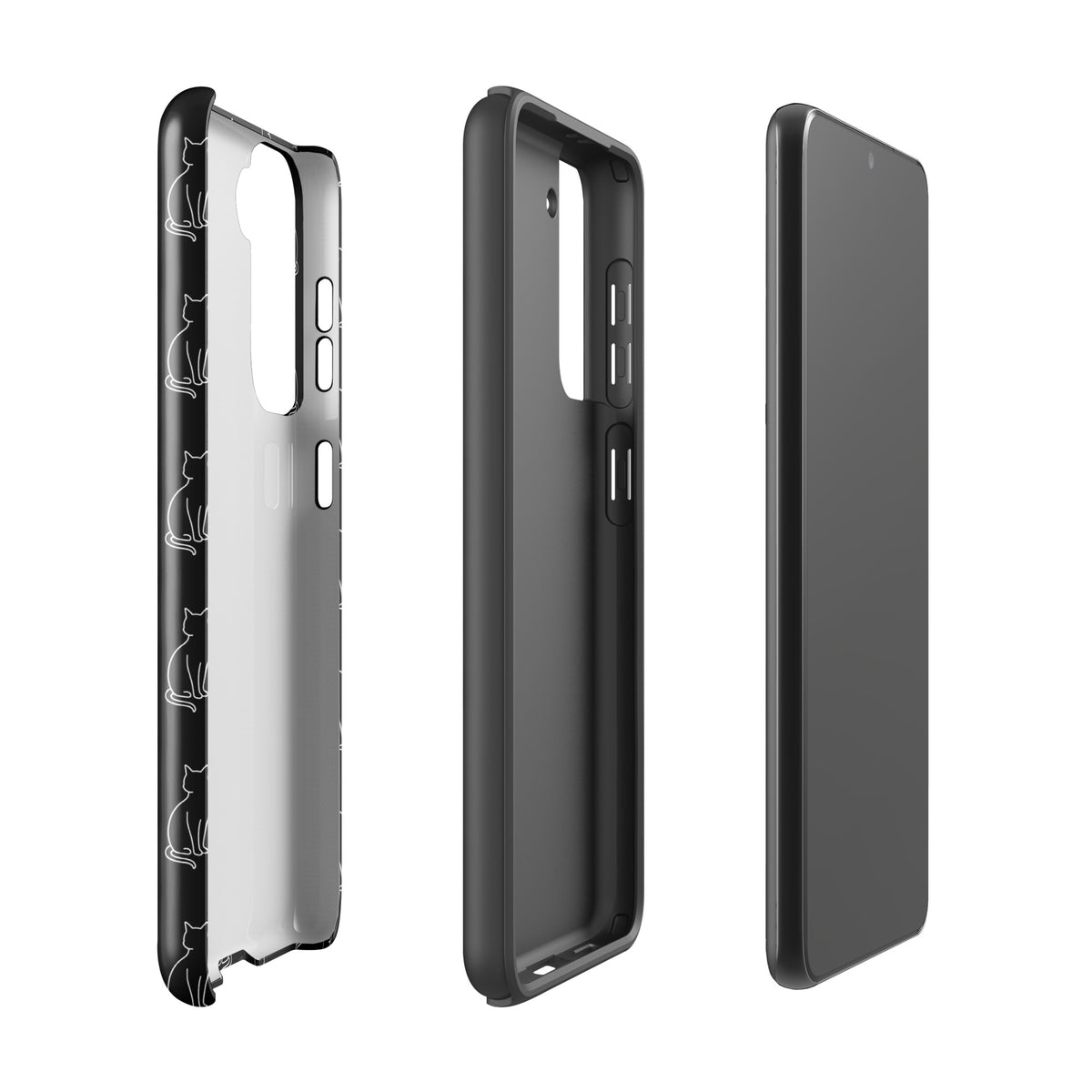 Phone Case for Samsung Galaxy with black and white sitting cat pattern, designed for feline fans, showing sleek design and protection.