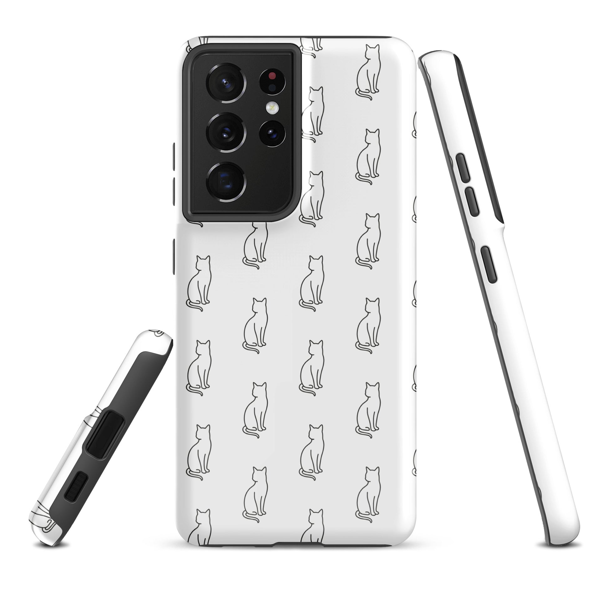 Phone Case for Samsung Galaxy with sitting cat pattern in white and black, perfect for feline fans, showcasing sleek design and charm.