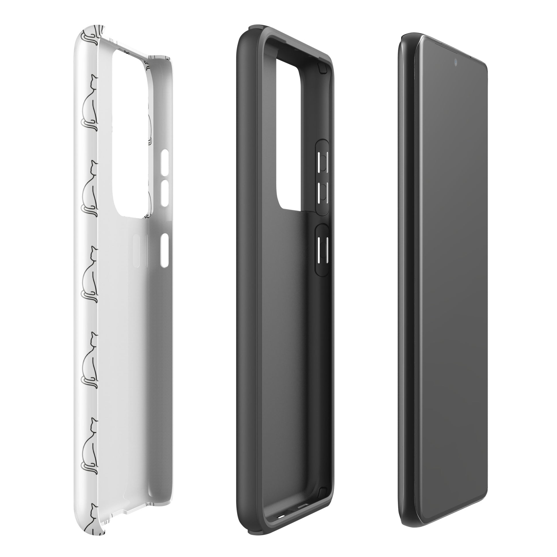 Phone Case for Samsung Galaxy with sitting cat pattern in white and black, showcasing front, back, and side views for feline fans.