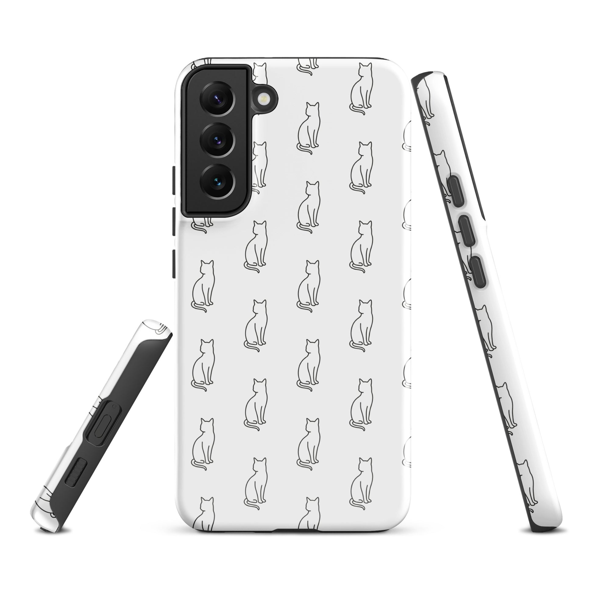 Phone Case for Samsung Galaxy with minimalist sitting cat pattern in white and black, perfect for feline fans.