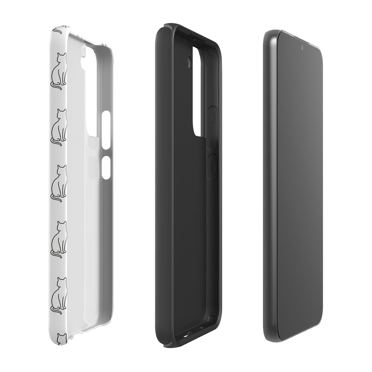 Phone Case for Samsung Galaxy with sitting cat pattern in white and black, ideal for feline fans seeking charm and sophistication.