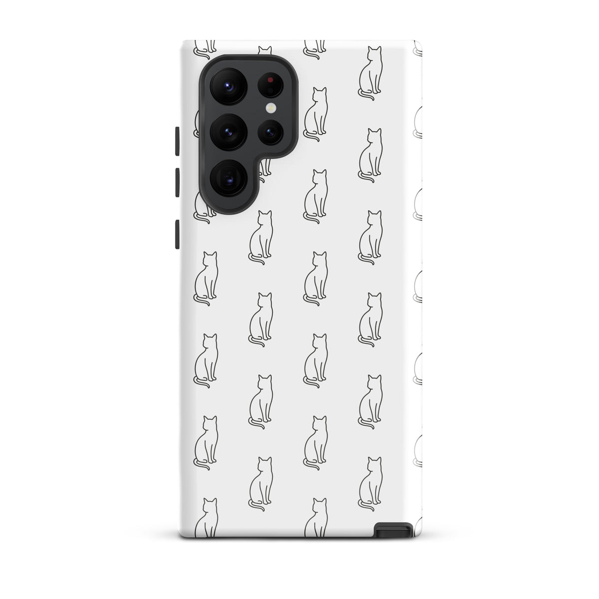 Phone Case for Samsung Galaxy with black sitting cat pattern on white background for feline fans.
