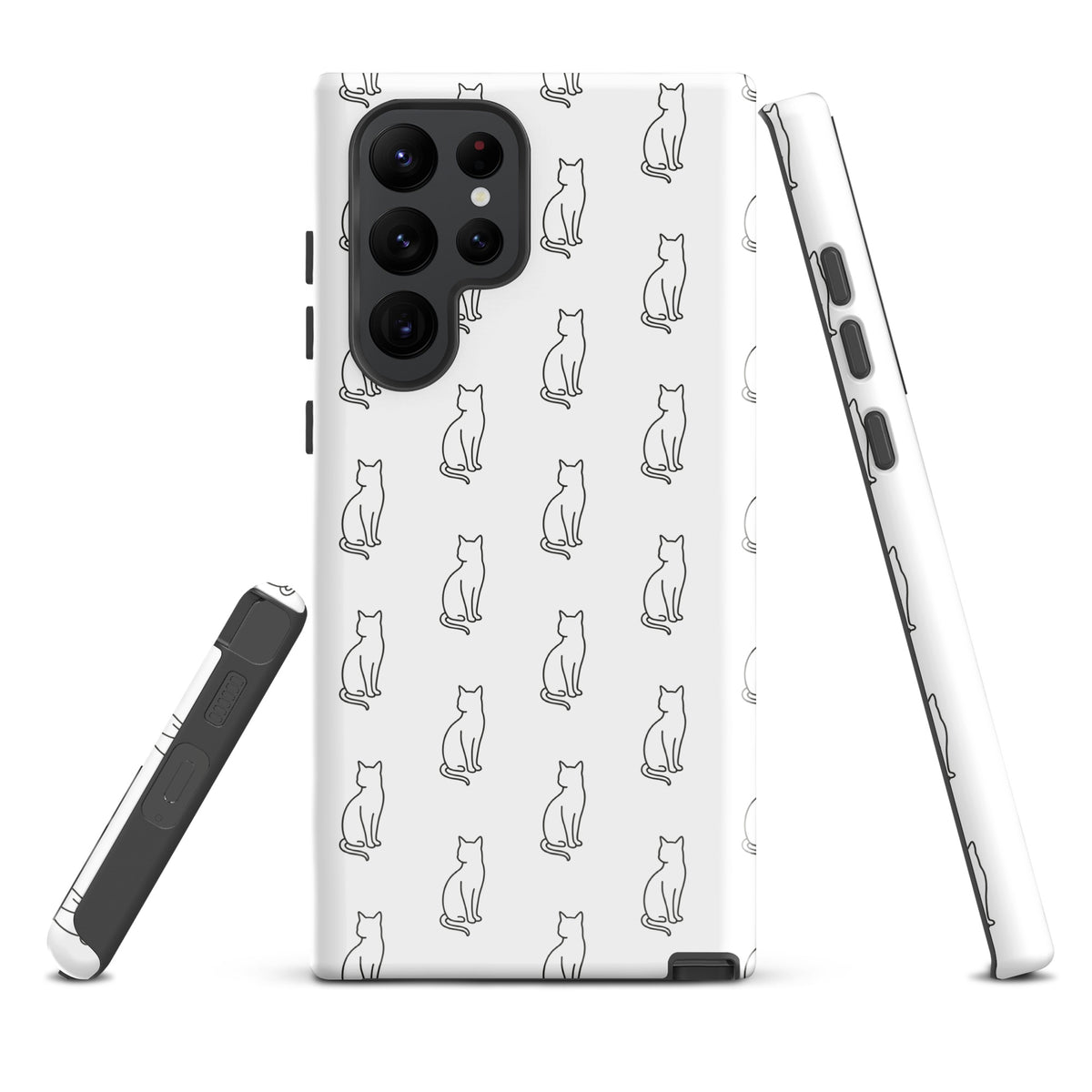 Phone Case for Samsung Galaxy with minimalistic sitting cat pattern in white and black, ideal for feline fans seeking style and protection.