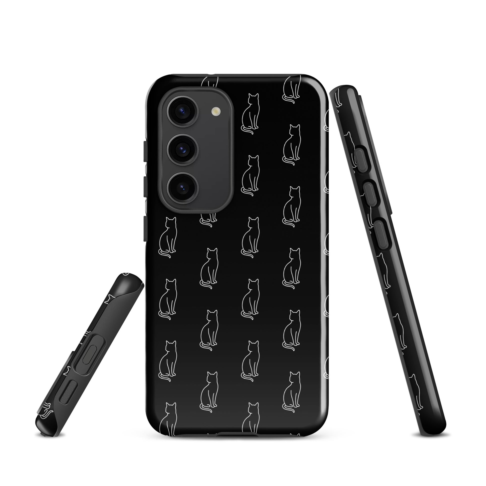 Phone Case for Samsung Galaxy with black and white sitting cat pattern for feline fans, featuring a sleek design and smooth curves.
