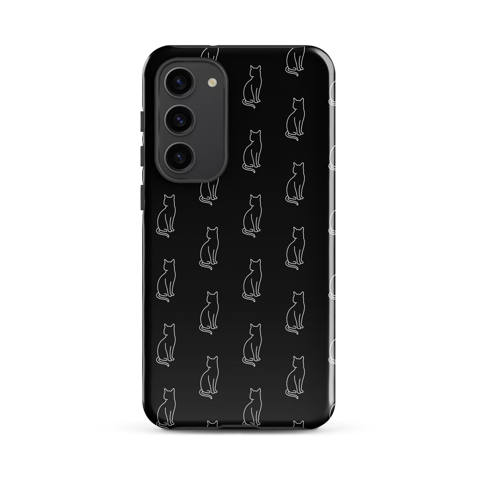 Phone Case for Samsung Galaxy with sitting cat pattern, black and white minimalist design for feline fans.