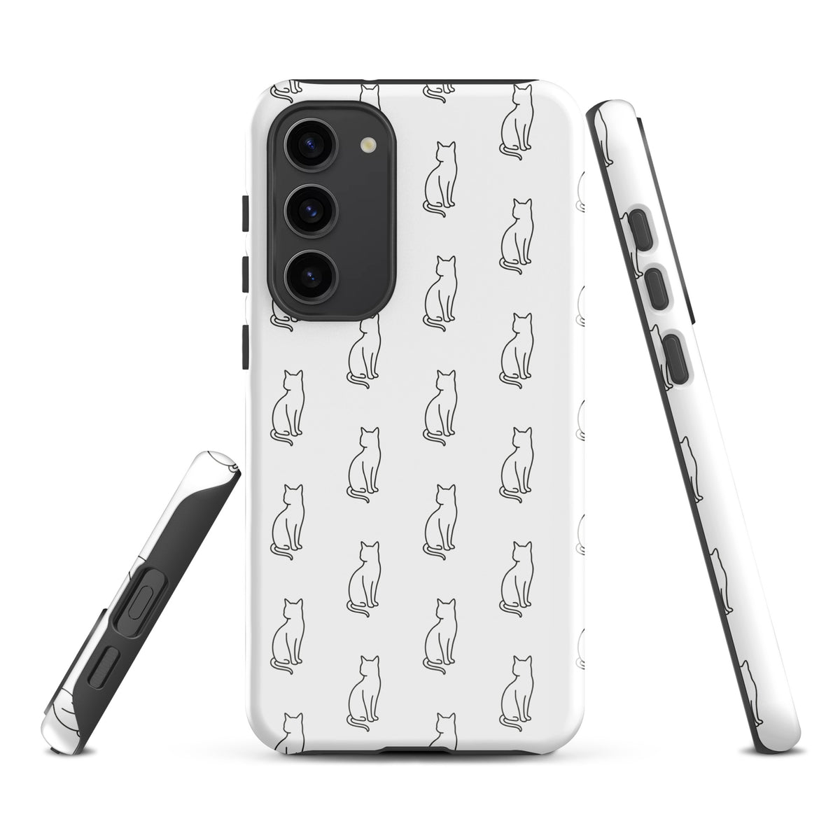 Phone Case for Samsung Galaxy with sitting cat pattern in white/black for feline fans, minimalist design, side and back views.