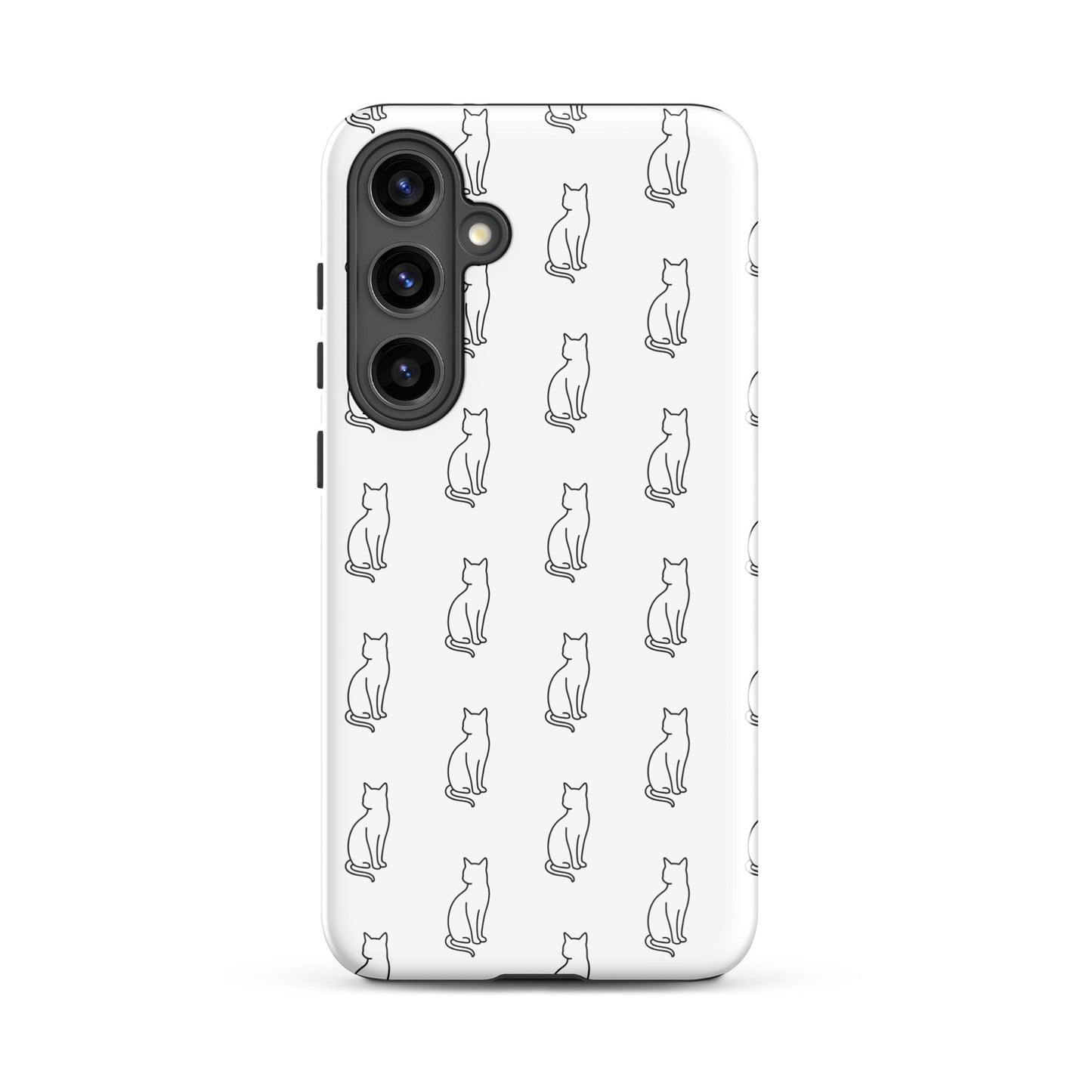 Phone Case for Samsung Galaxy with sitting cat pattern in white and black, designed for feline fans seeking a charming and stylish cover.