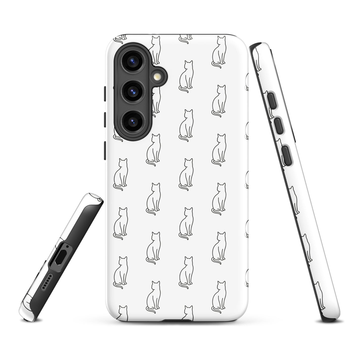 Phone Case for Samsung Galaxy with black sitting cat pattern on white background, perfect for feline fans seeking charm and protection.