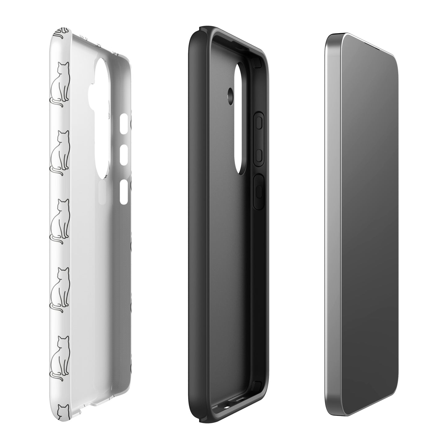 Phone Case for Samsung Galaxy with minimalist sitting cat pattern in white and black, showcasing charming feline design for cat lovers.