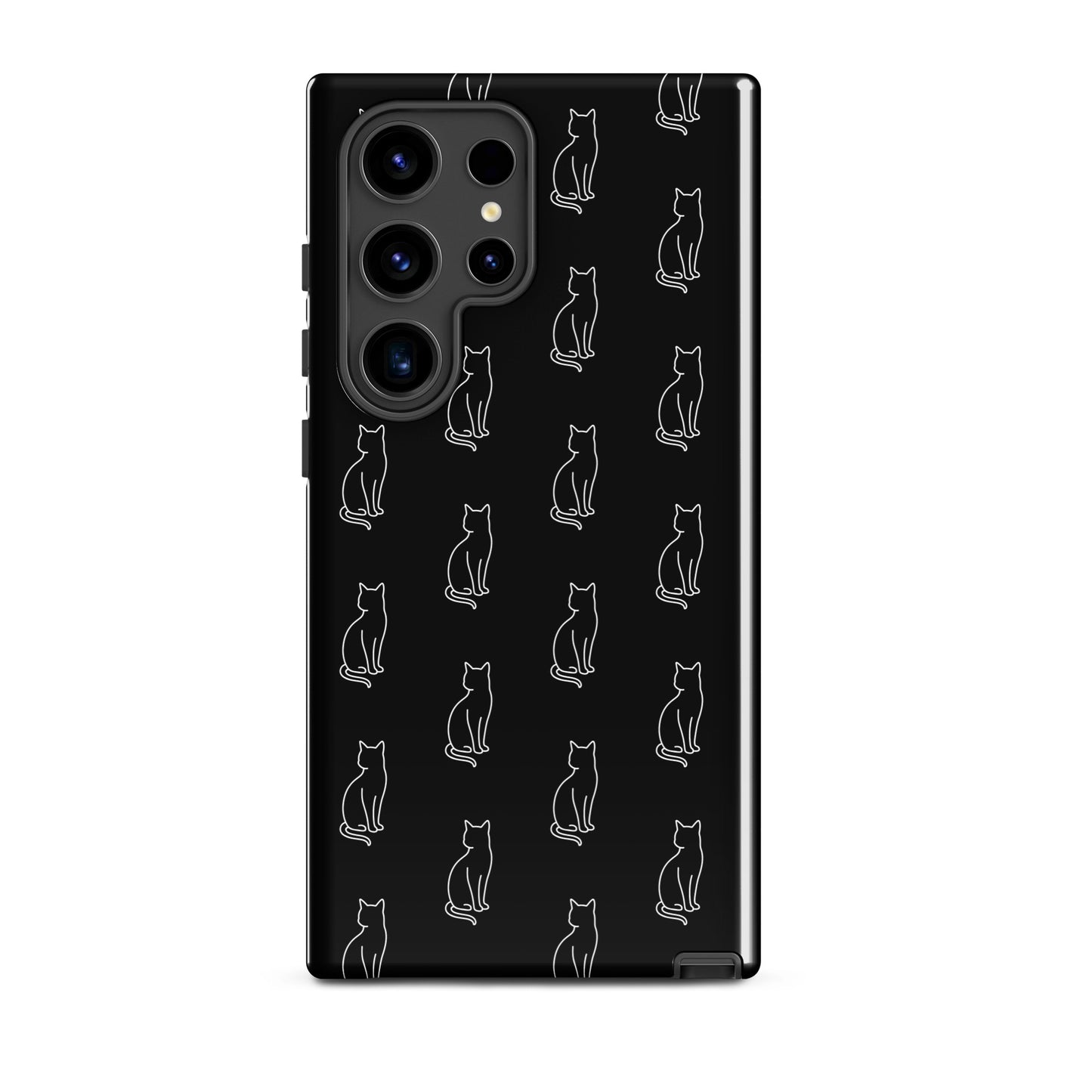 Phone Case for Samsung Galaxy with sitting cat pattern in black and white, designed for feline lovers.