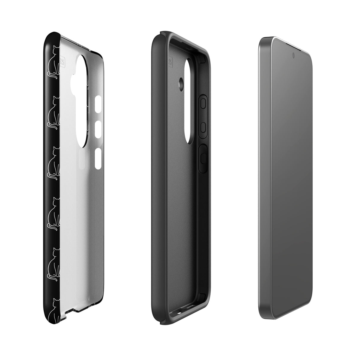 Black and white Phone Case for Samsung Galaxy featuring minimalist sitting cat pattern, ideal for feline fans seeking stylish protection.