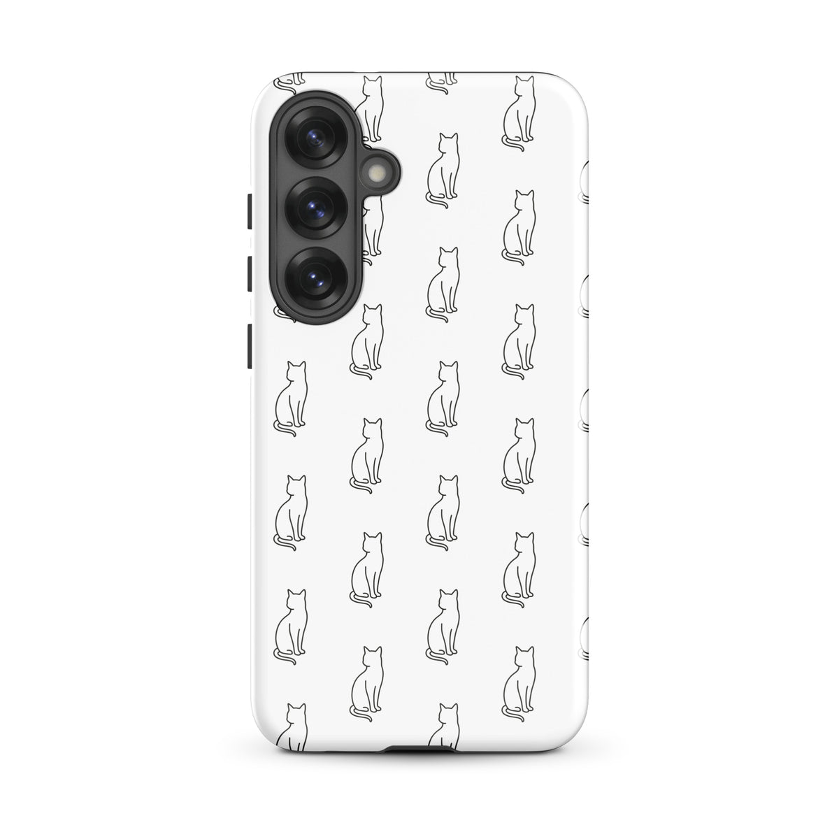 Phone Case for Samsung Galaxy with sitting cat pattern in white and black, minimalist feline design.
