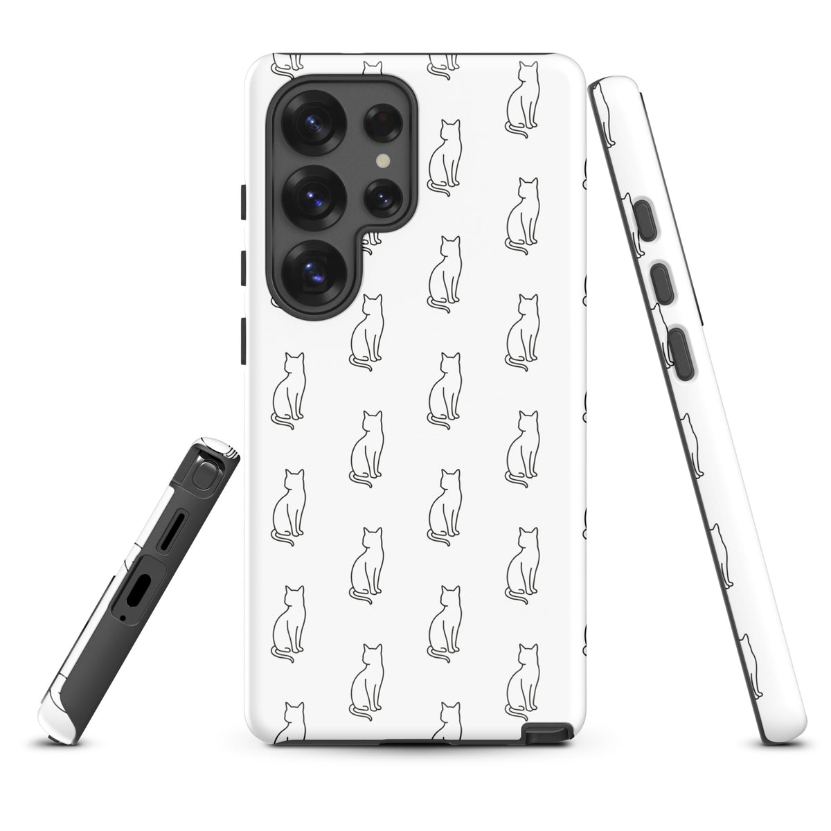 Phone Case for Samsung Galaxy with a minimalist sitting cat pattern in white and black, perfect for feline fans and stylish protection.