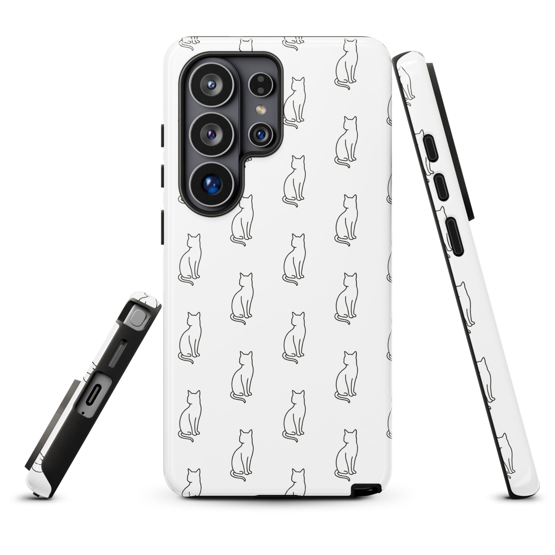 Phone Case for Samsung Galaxy with minimalist sitting cat pattern in white and black, perfect for feline fans, offering style and protection.