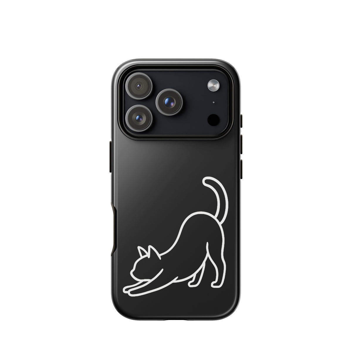 Phone Case with minimalist stretching cat design in black and white for iPhone, offering sleek aesthetics and strong impact protection.