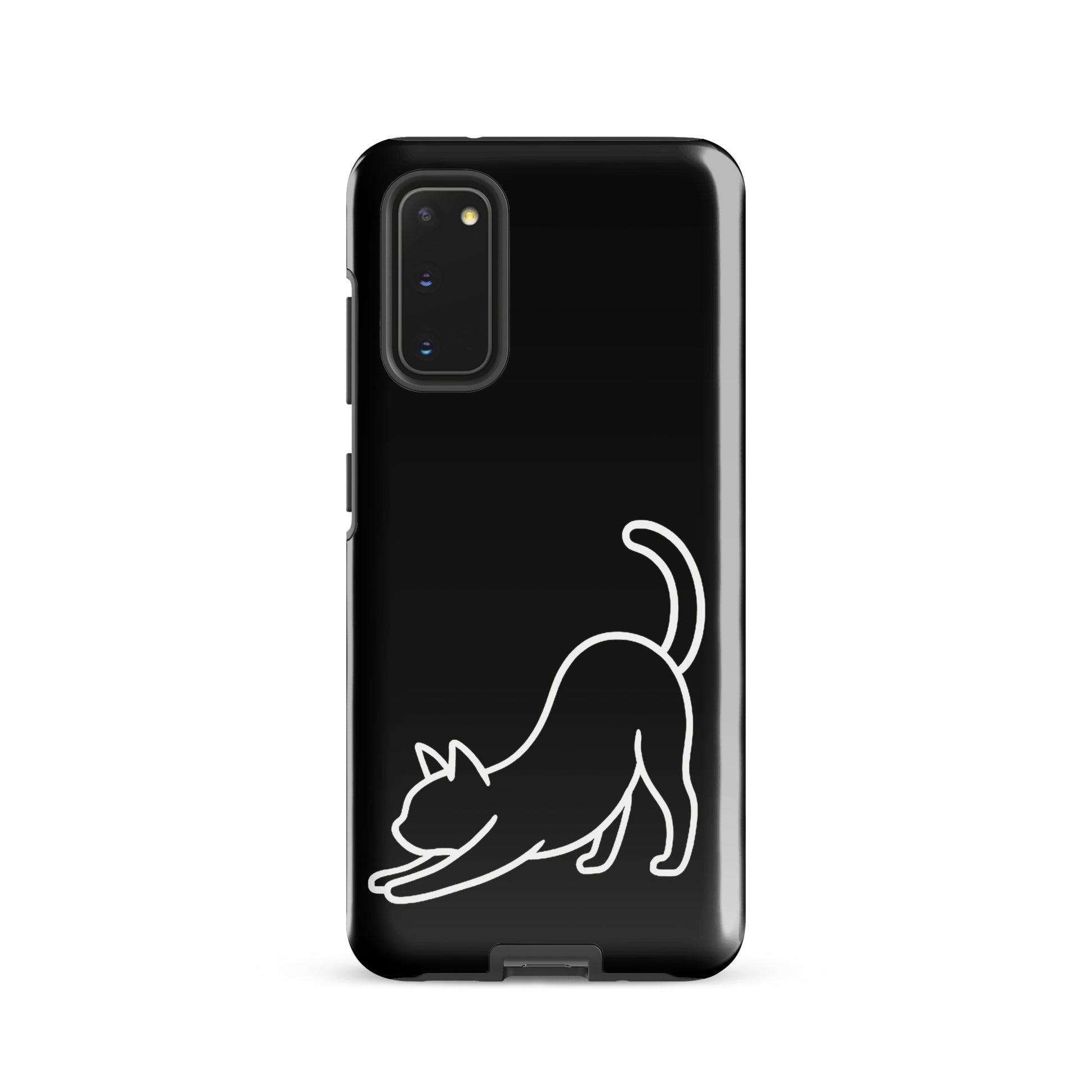 Phone Case for Samsung Galaxy with minimalist stretching cat design in black and white, offering sleek aesthetics and impact protection.
