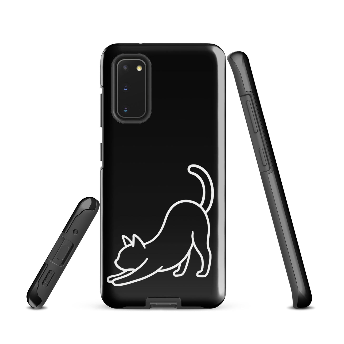 Phone Case for Samsung Galaxy with minimalist stretching cat design in black and white, offering stylish protection for cat lovers.